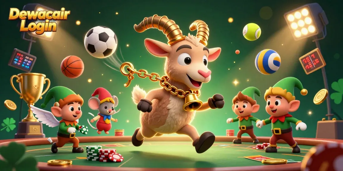 Dewacair Login in a vibrant 3D casino scene with characters and sports elements adding excitement.