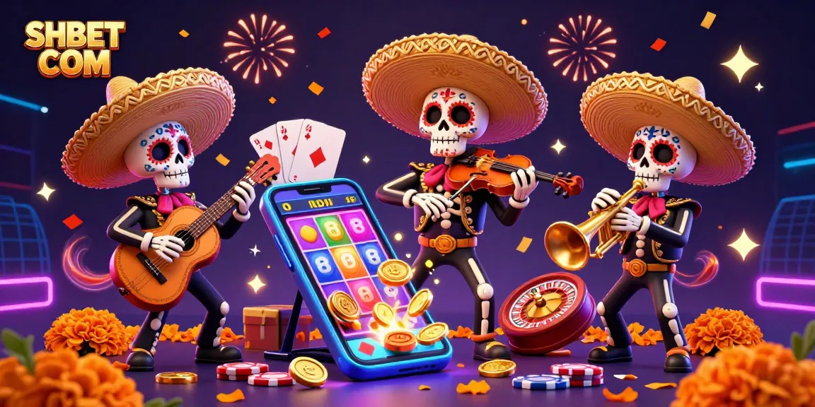 Engage with SHBET COM's vibrant gaming atmosphere featuring dynamic mariachi characters celebrating casino action.