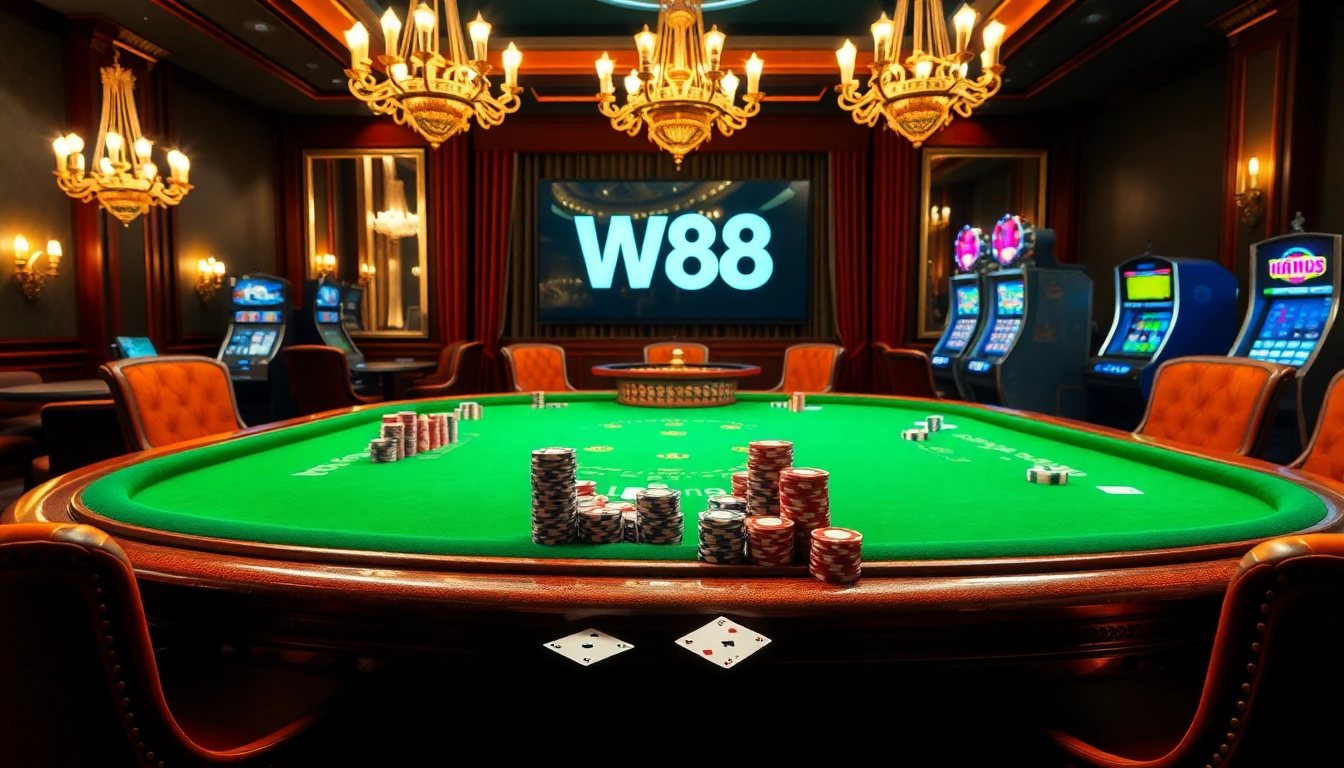 Players immerse in an exciting poker game at W88’s high-stakes casino, showcasing vibrant cards and chips.