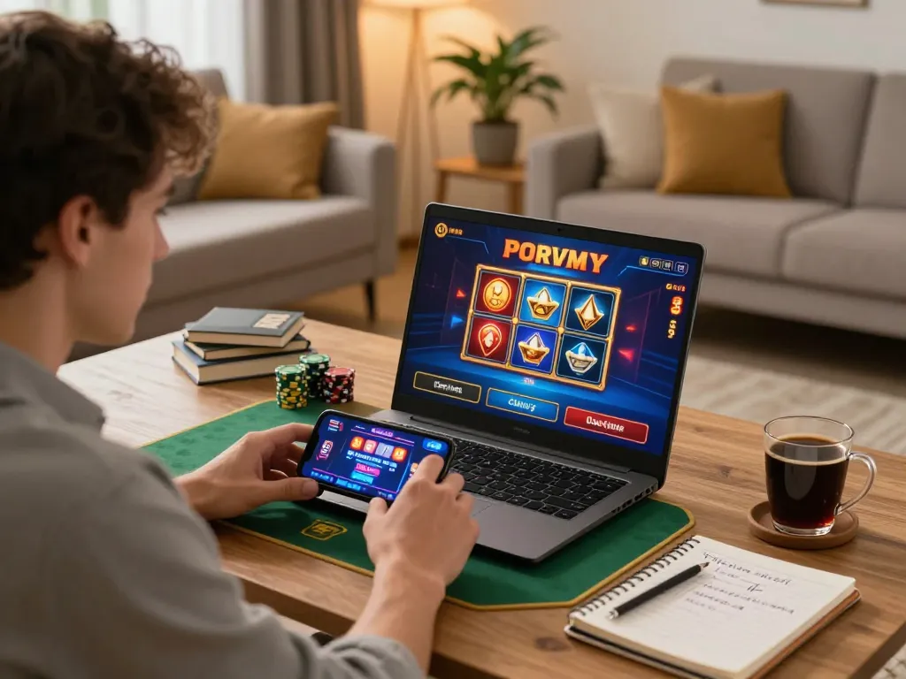 Player enjoying online casino games on mm88 platform in a cozy home setting, featuring laptop and smartphone.