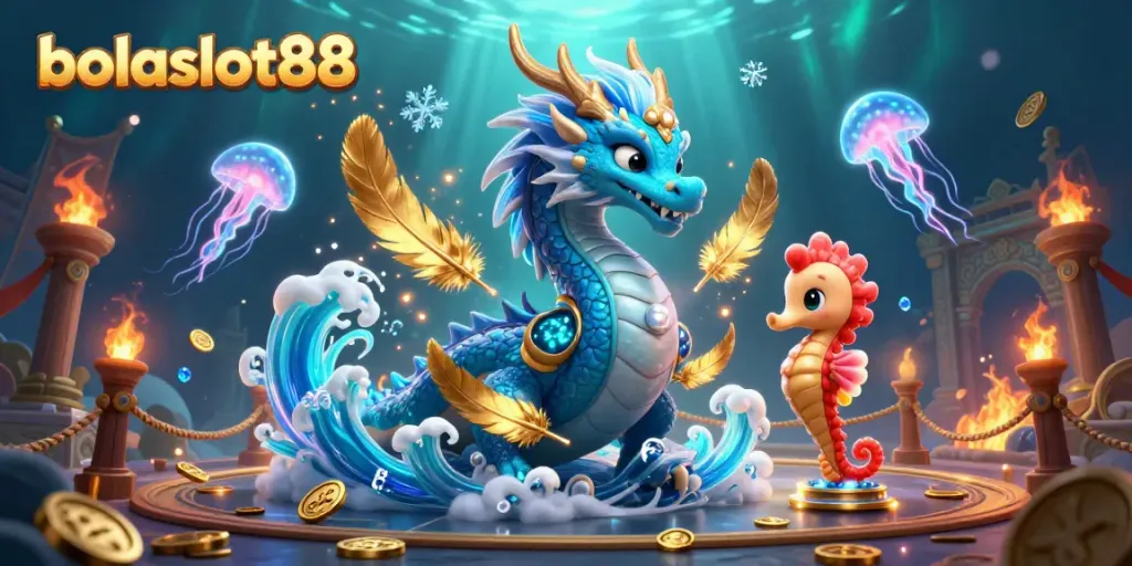 Engage in thrilling adventures with bolaslot88, featuring an azure dragon and coral knight amidst captivating casino elements.