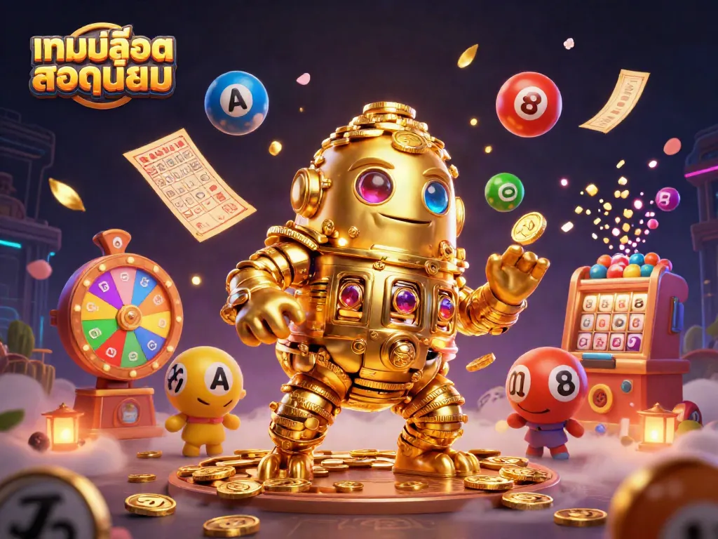 Experience the thrill of เกมสล็อตยอดนิยม with animated gold golem, vibrant lottery balls, and dynamic casino elements.