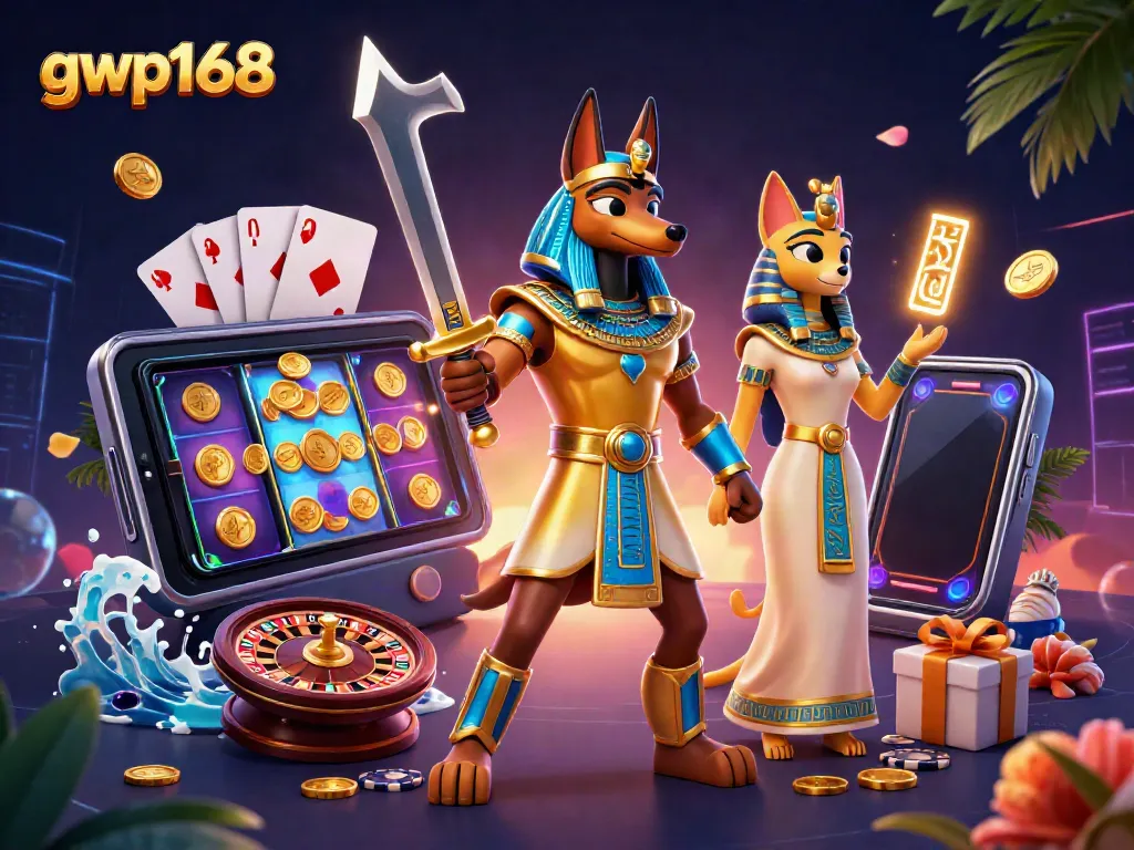 GWP168 menampilkan Anubis dan Bastet dalam ilustrasi permainan slot warna-warni yang memikat.
