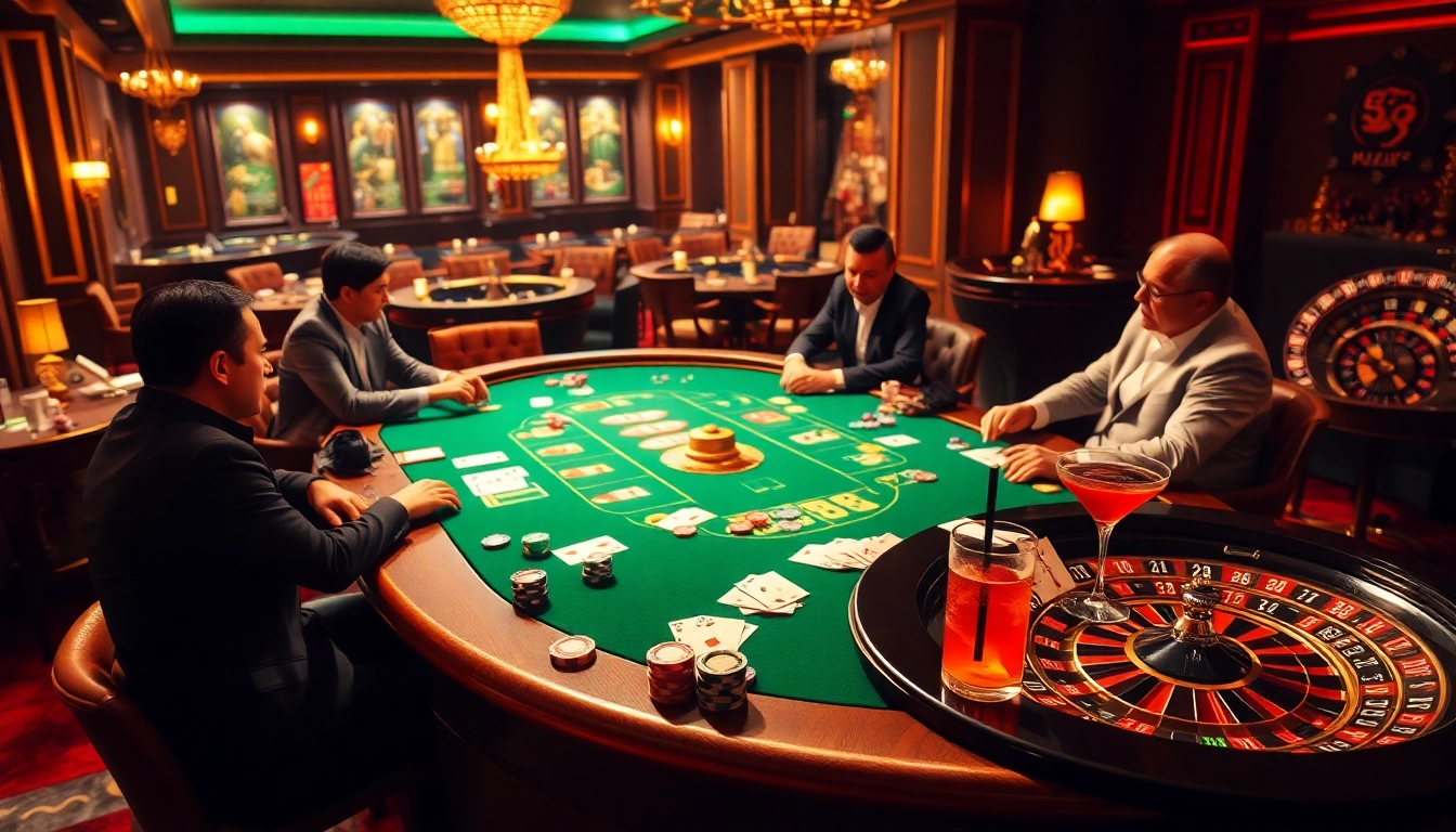 Players enjoying a luxurious poker game at lc88 casino, showcasing vibrant chips and cards.