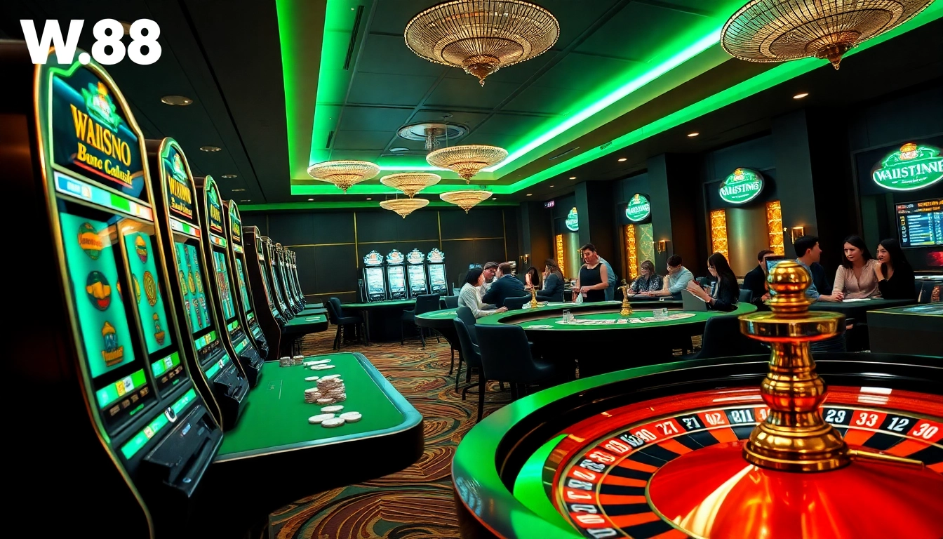 Players betting at nhà cái W88 with vibrant casino tables and engaging slot machines.