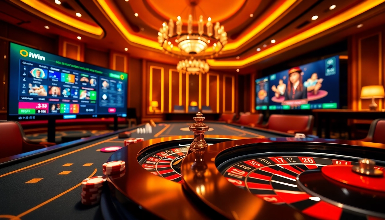 Engaging scene showcasing iWin online gambling excitement with poker chips and roulette wheel.