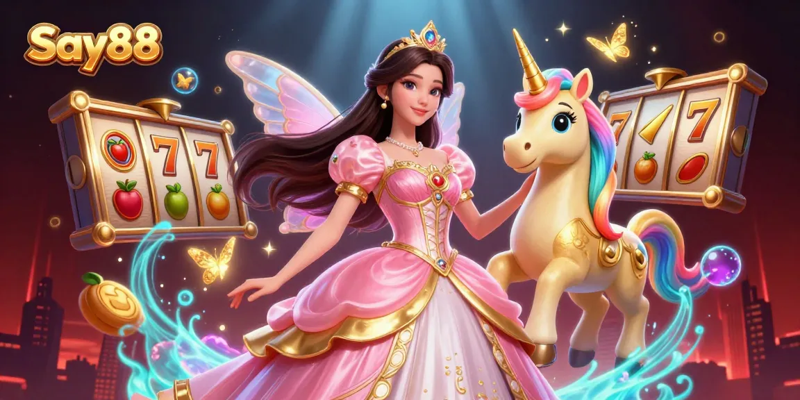 Play exciting slot games at Say88 with a vibrant scene of a glamorous character and golden treasures.