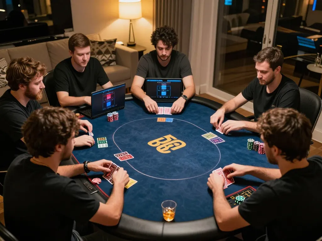Players enjoy a strategic game of poker on 88x platform, with focus on cards and ambiance.