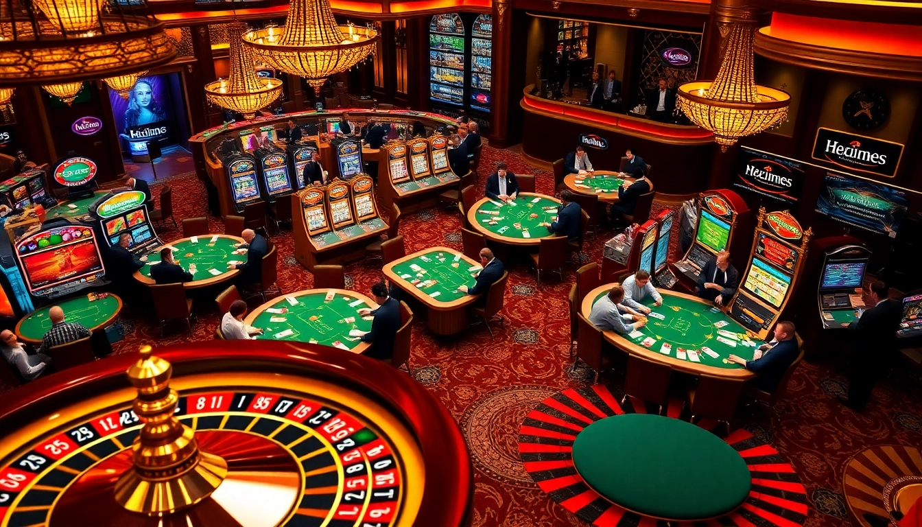 A dynamic casino experience featuring KJC branding with players engaged in high-stakes gambling activities.