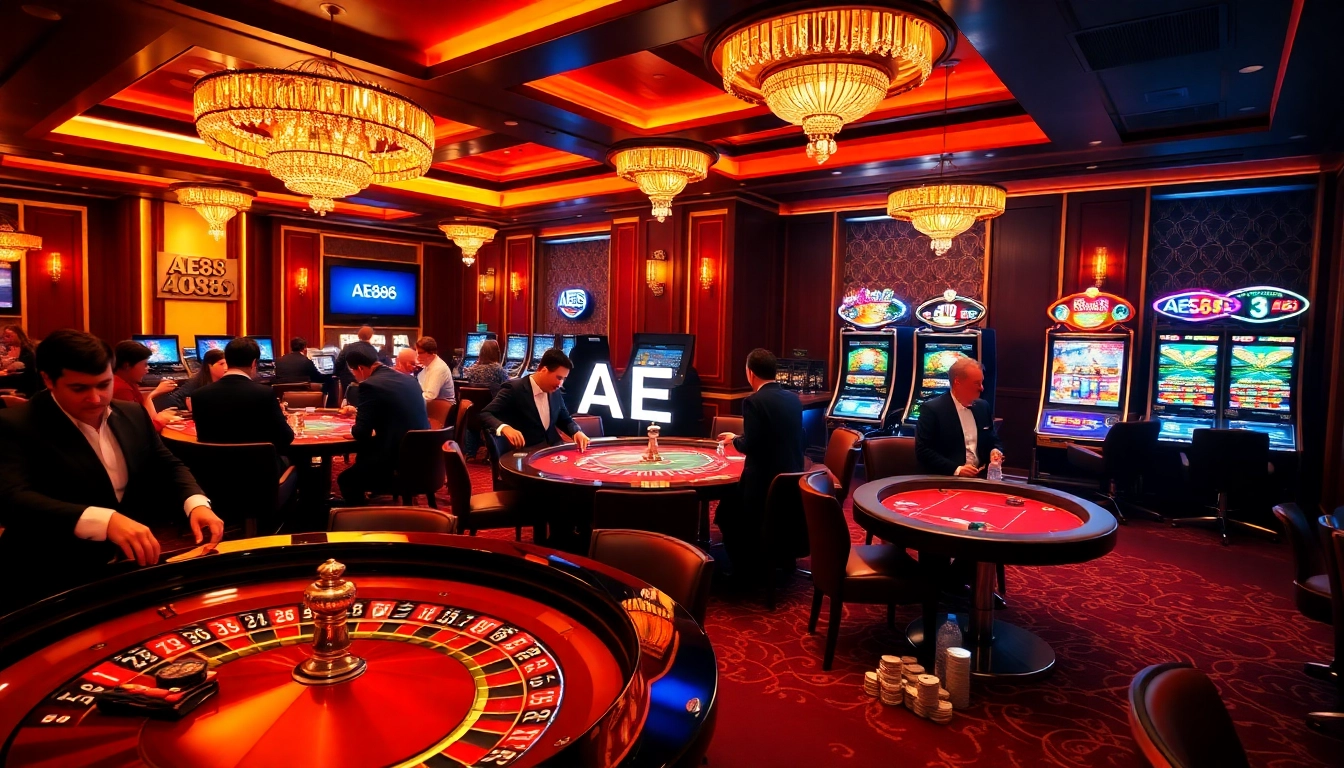 Players engaging in casino games at AE888, showcasing luxury and excitement in a vibrant lounge.