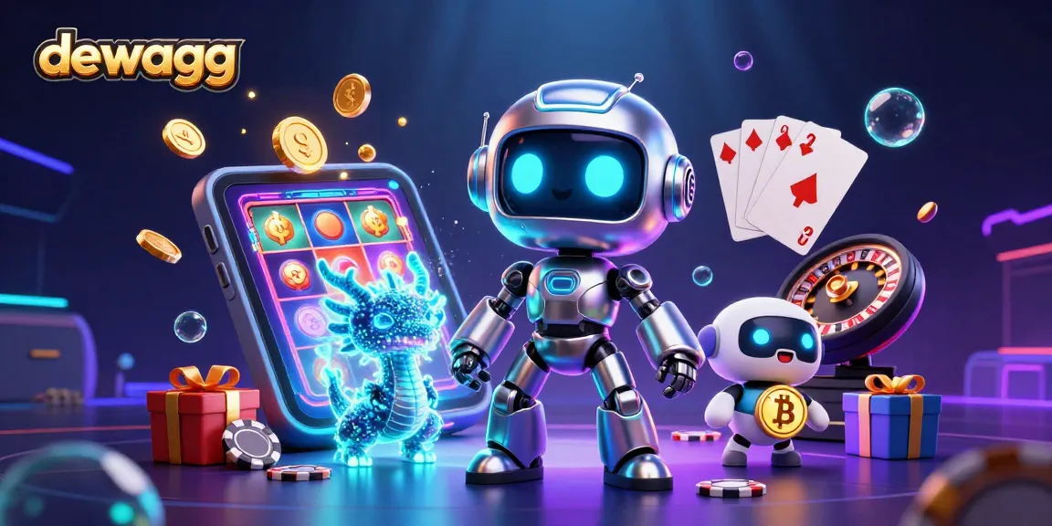 Join dewagg in a vibrant 3D casino scene with colorful slot games and dynamic elements.