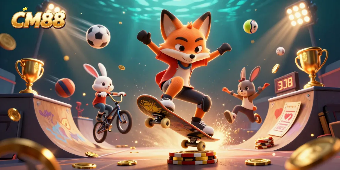 Experience exciting wins with CM88 as a fox performs tricks over golden chips, rich in casino symbols.