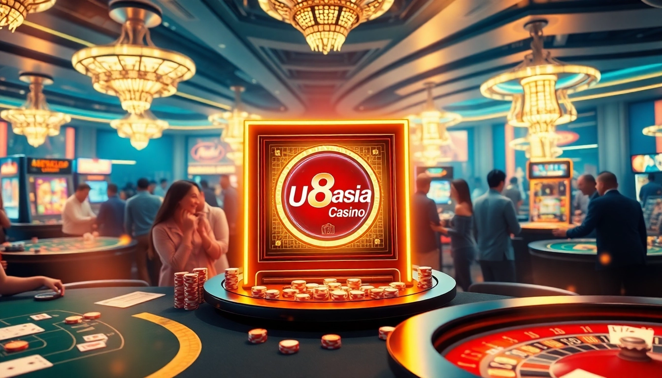 ฉากที่น่าดึงดูดที่คาสิโน U8asia แสดงผู้เล่นที่เครื่องสล็อตสมัยใหม่และเกมบนโต๊ะ บรรยากาศคึกคัก