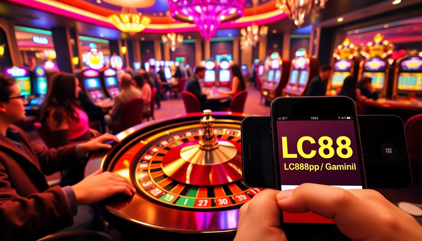 A dynamic casino scene showcasing players engaging at https://lc88app.com/ roulette with colorful chips and bright slot machines.