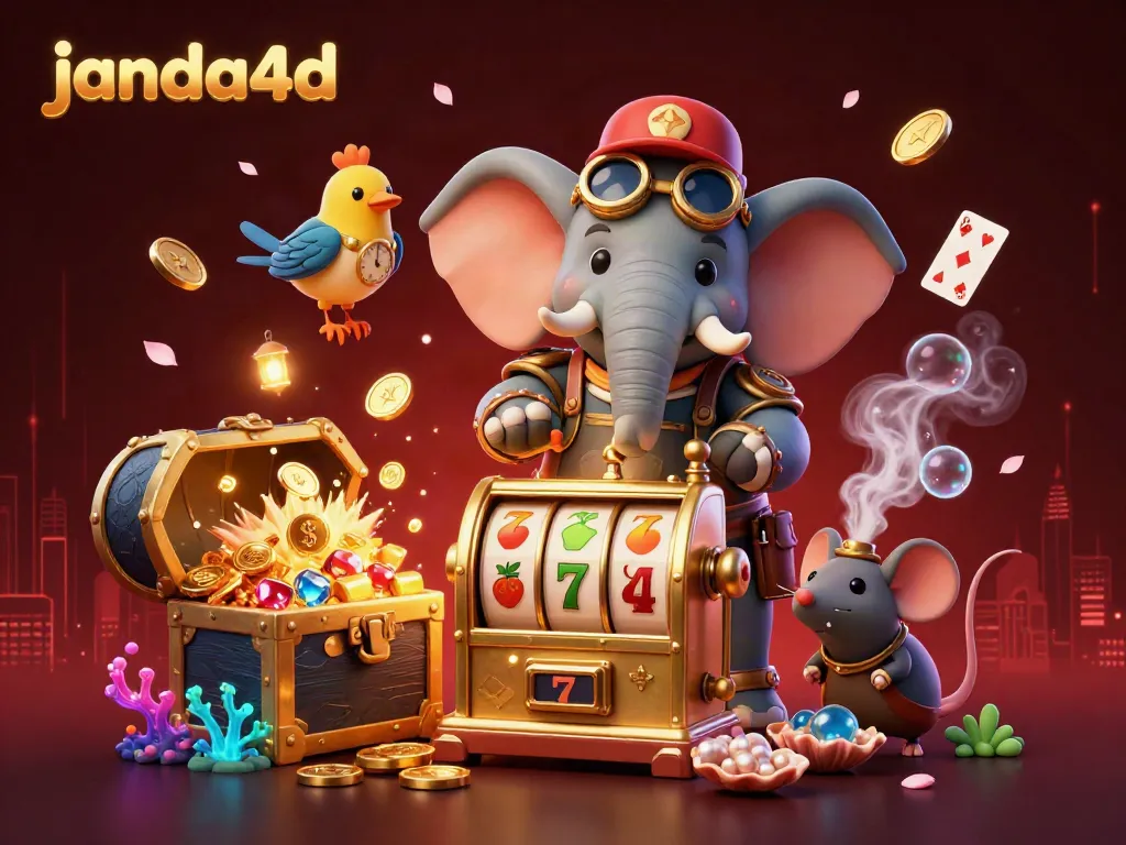 Janda4d menampilkan gajah rekayasa steampunk yang mengoperasikan mesin slot emas yang dikelilingi koin emas.