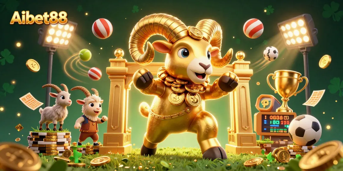 Aibet88 showcases a dynamic golden ram charging through the casino scene, surrounded by sports betting elements.
