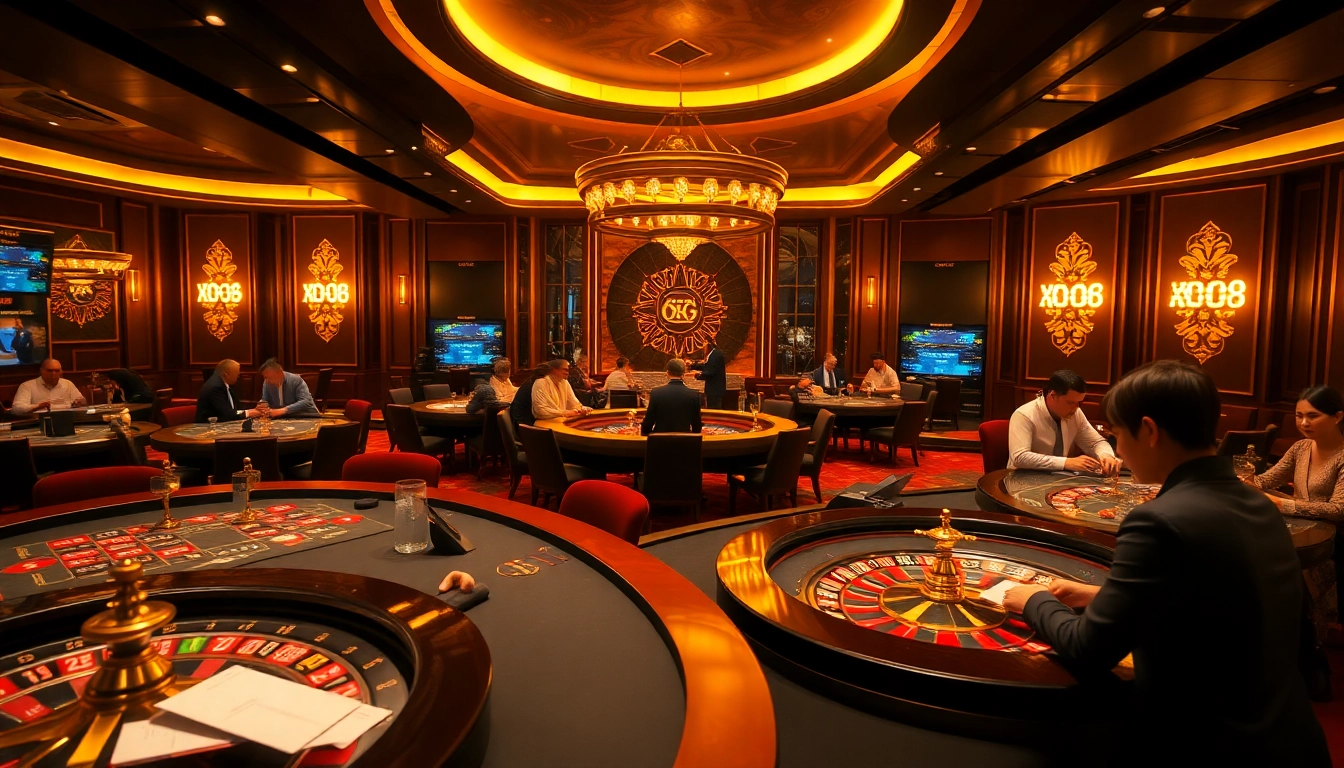 XOSO66 casino players engaging in high-stakes poker and roulette games full of excitement.