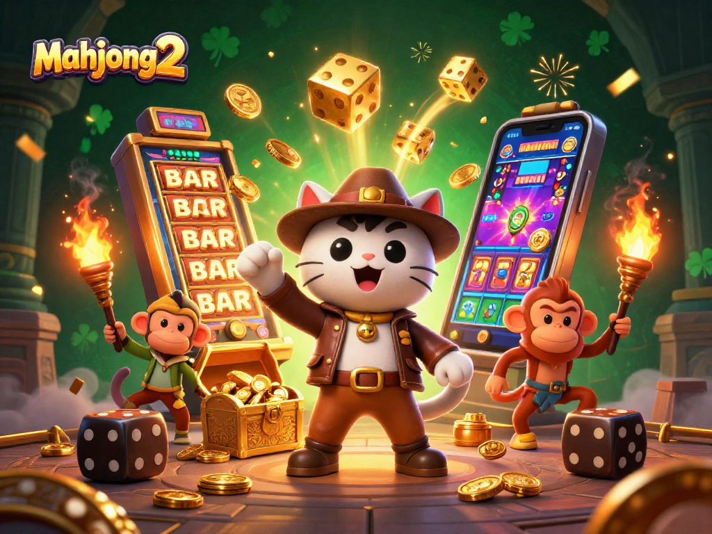 Engage with Mahjong 2 in this vibrant casino scene featuring animated characters and dynamic gaming elements.
