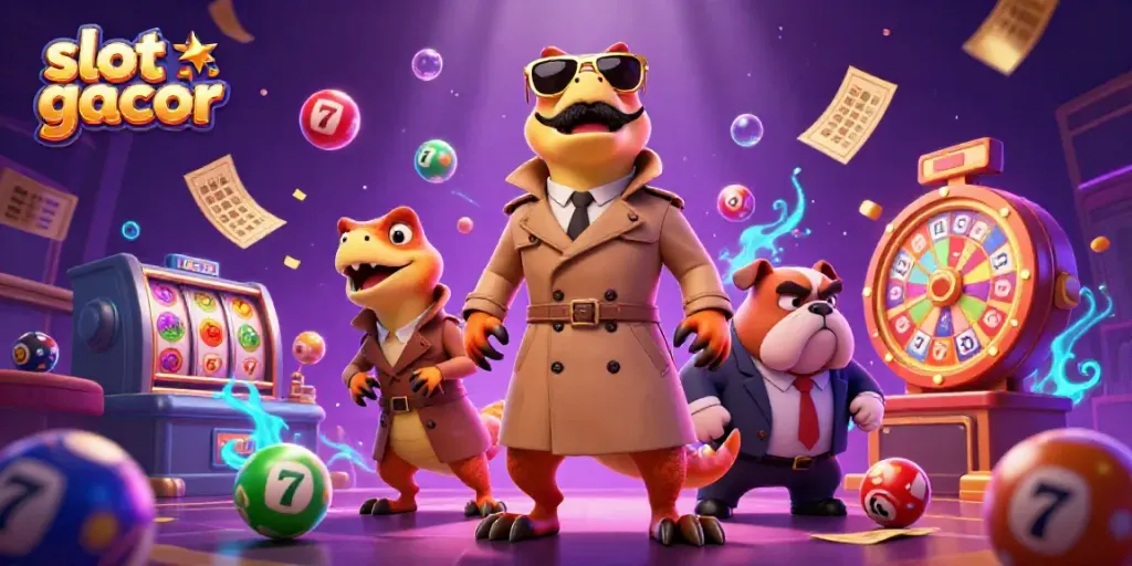 Exciting scene of slot gacor raptors in trench coat with bouncer in casino, colorful elements surround them.