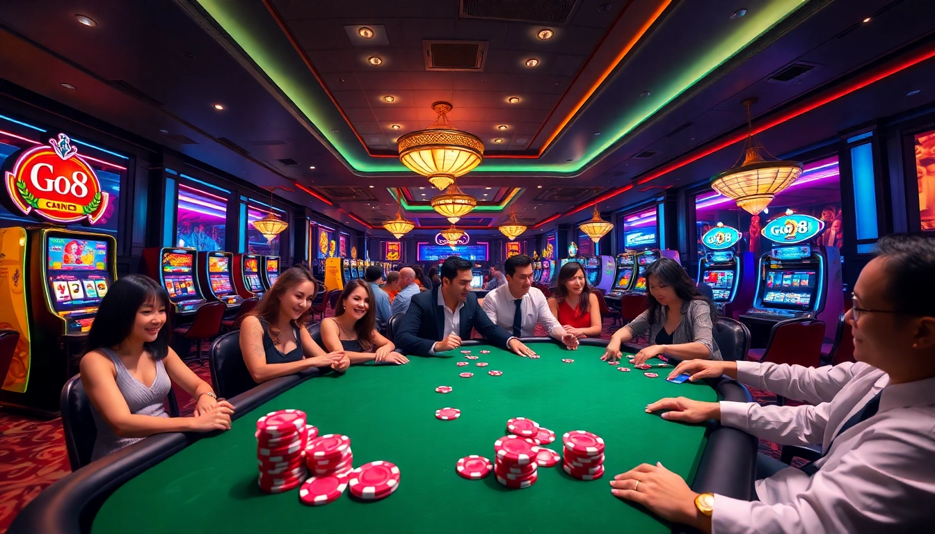 Experience the excitement of Go8 at a luxurious casino, featuring vibrant gaming tables and slot machines.