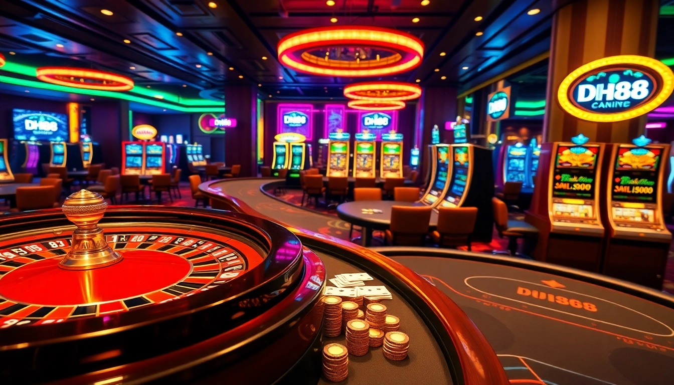 Experience thrilling gambling at DH88 with vibrant casino tables, roulette wheels, and poker chips in action.