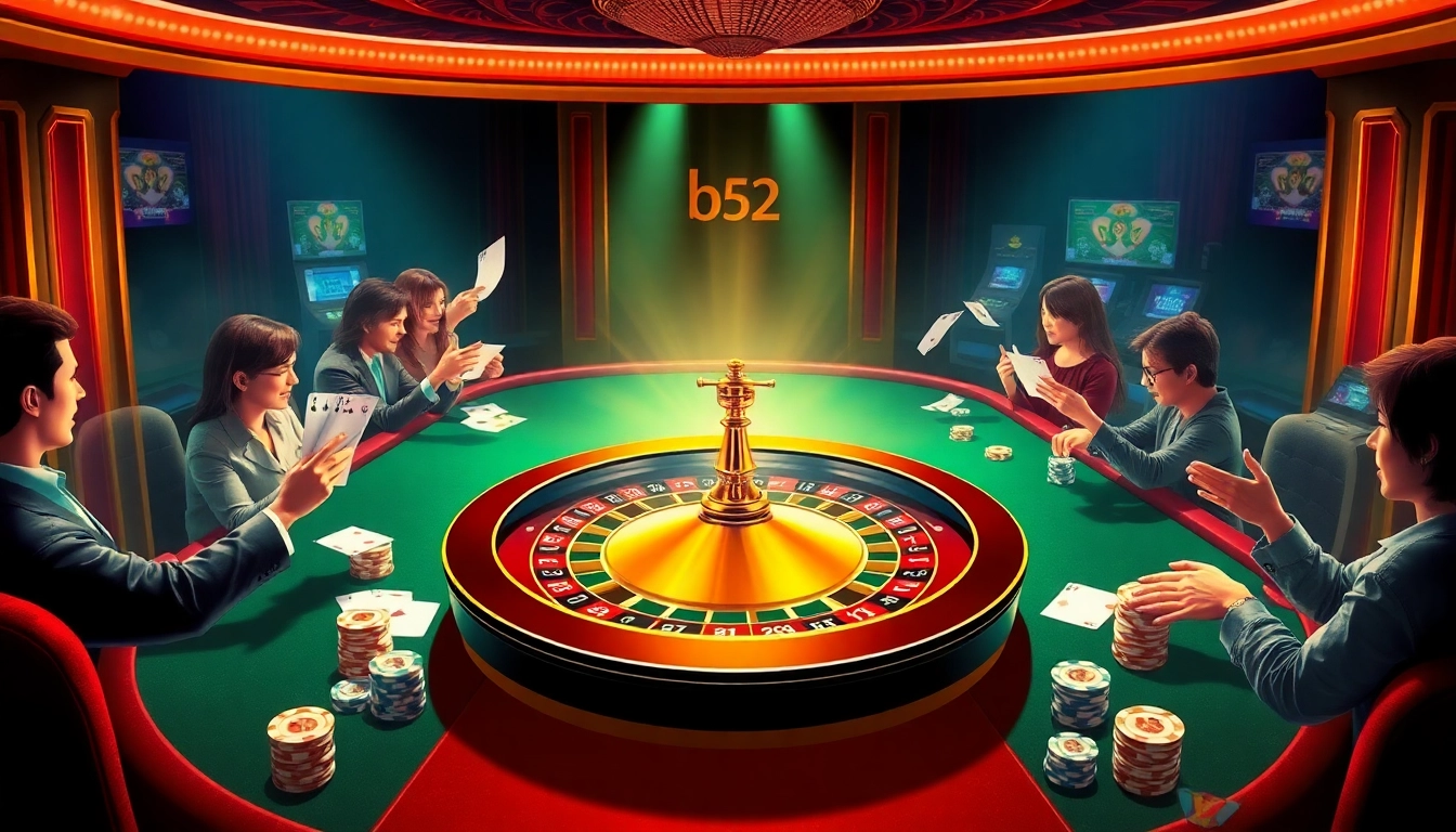 Players engaging in thrilling poker at b52 casino tables, surrounded by chips and cards.