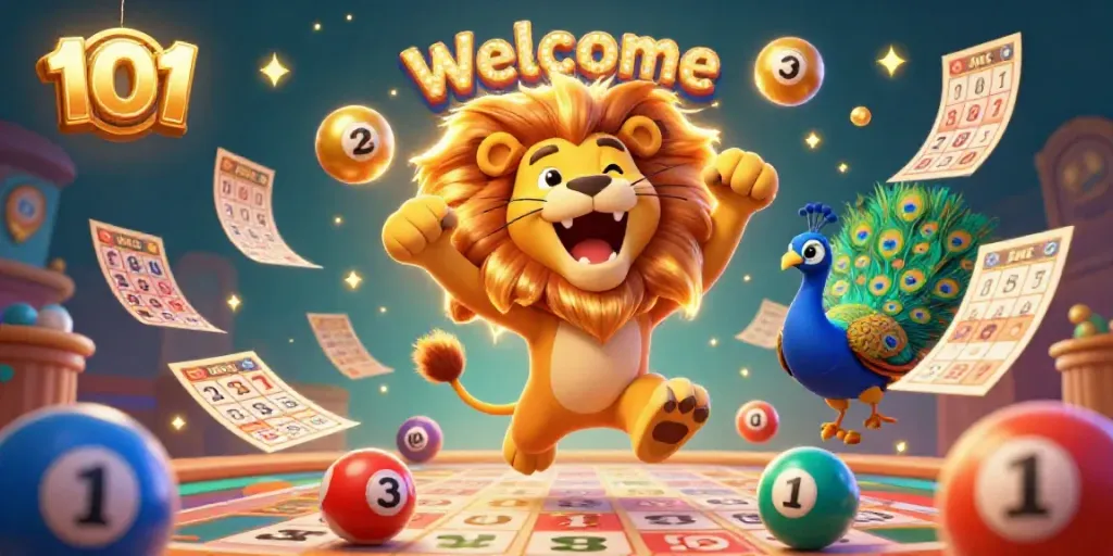 Bingo 101 brings excitement with a lion mascot roaring among colorful bingo balls and cards.