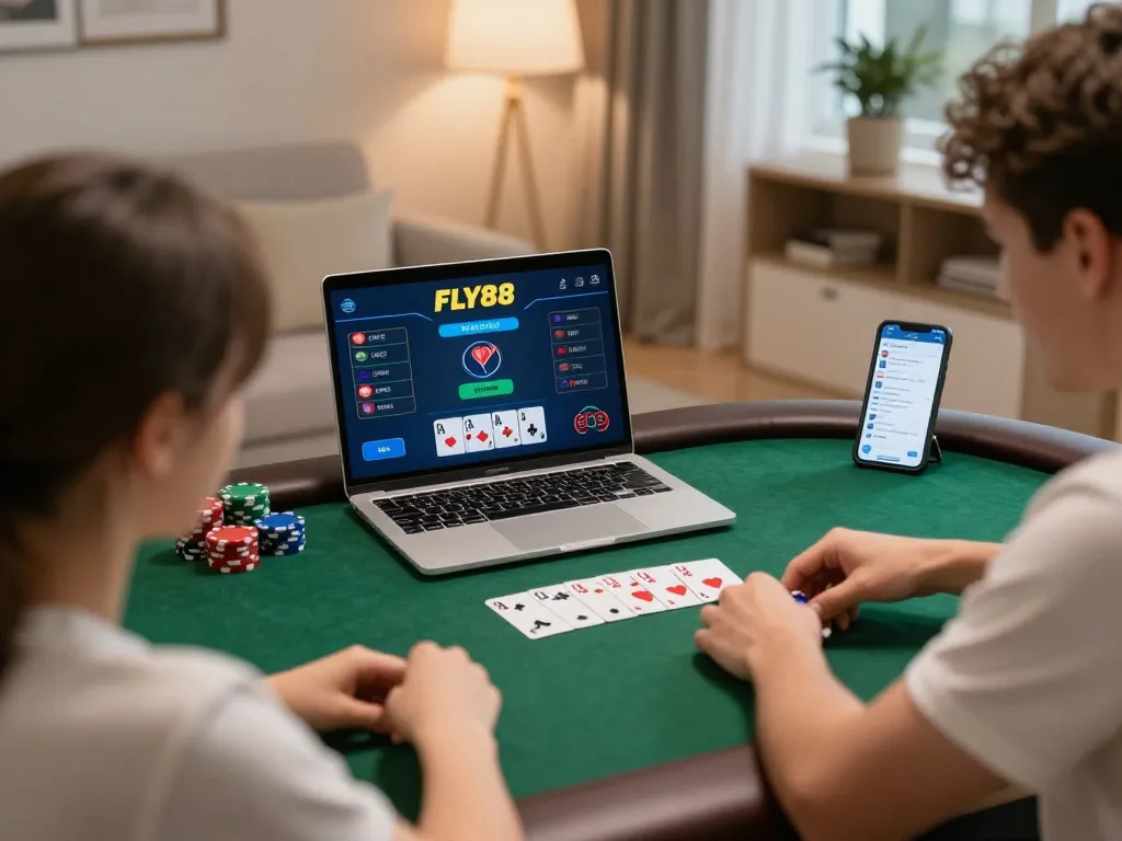 Players strategizing at FLY88 online poker table while enjoying home gaming atmosphere.