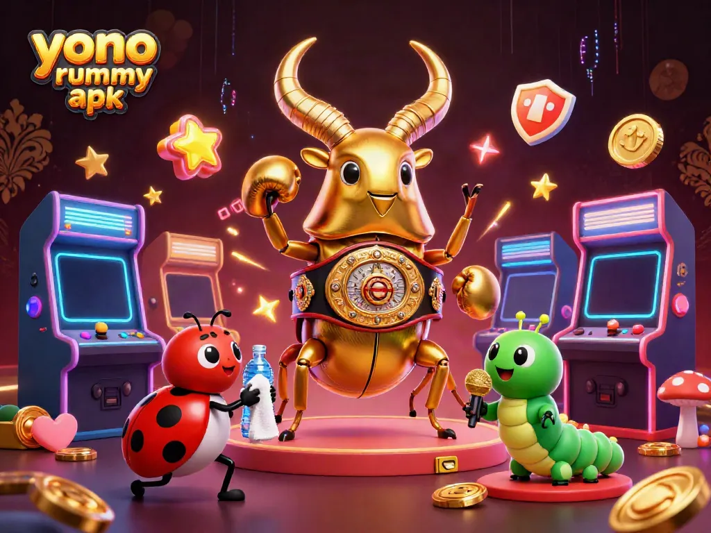 Gambaran ilustrasi 3D Yono Rummy Apk dengan karakter menarik dan mesin permainan di latar belakang.