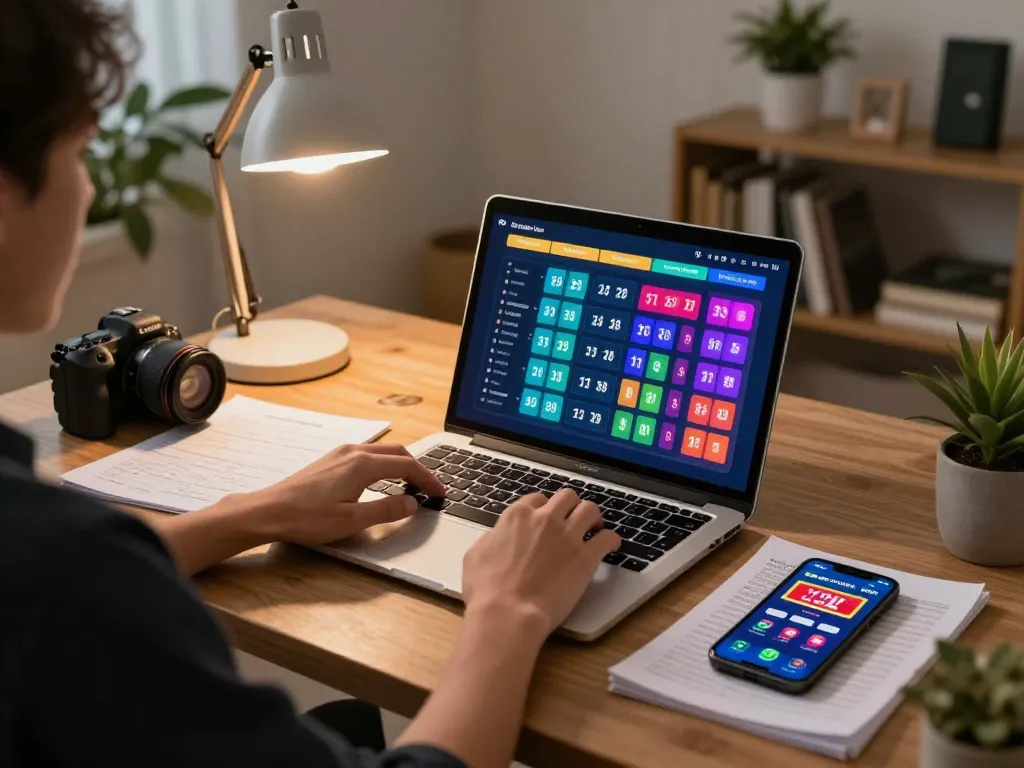 Berpartisipasi dalam permainan bandar togel di laptop sambil menganalisis strategi di kantor rumah yang nyaman.
