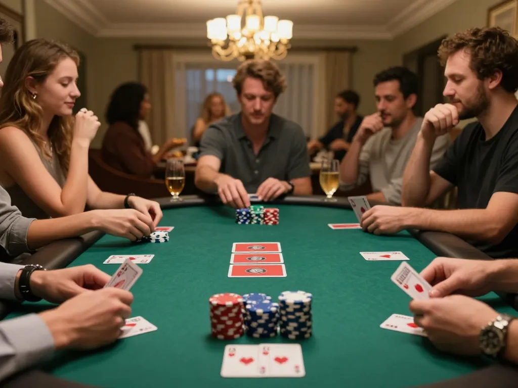 Engaging poker scene with players at a home game night strategy, showcasing the thrilling environment of 388bet.