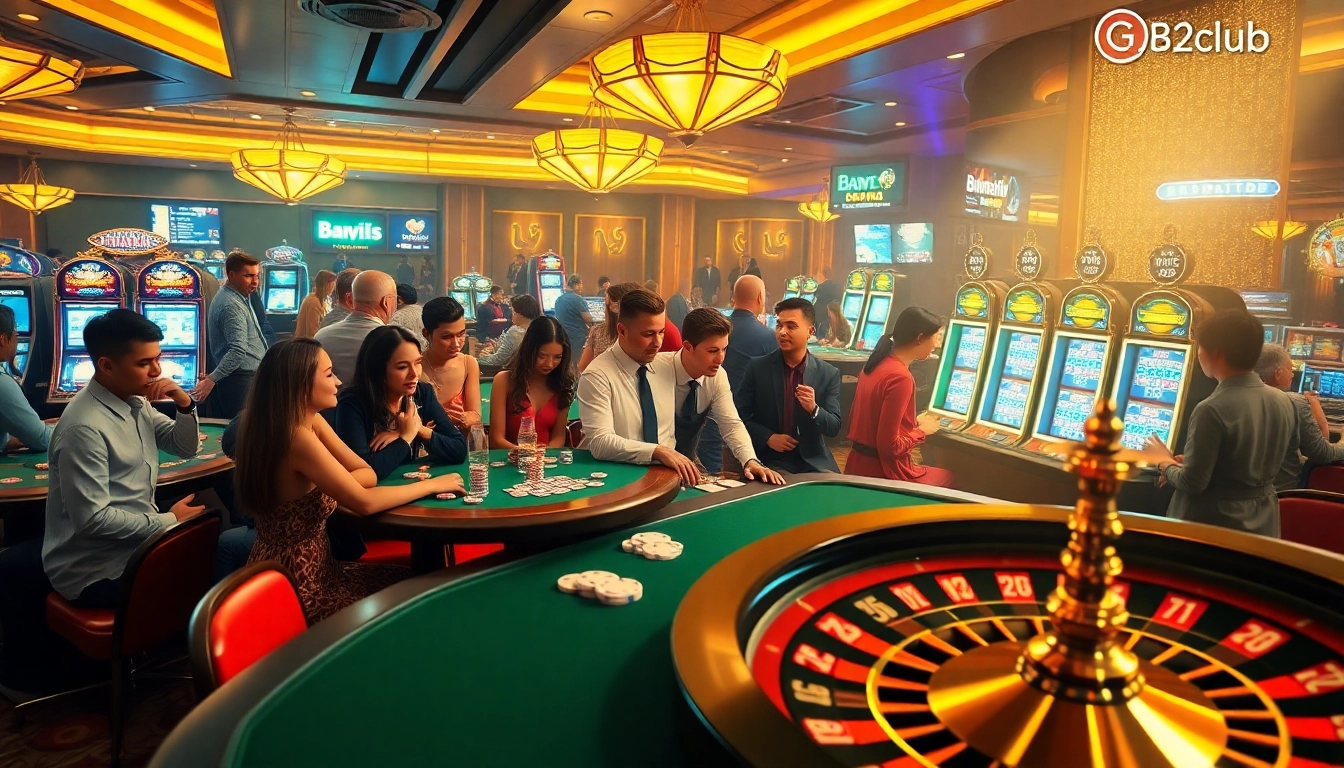 Players enjoying a vibrant game at B52club's casino, showcasing poker tables and slot machines.