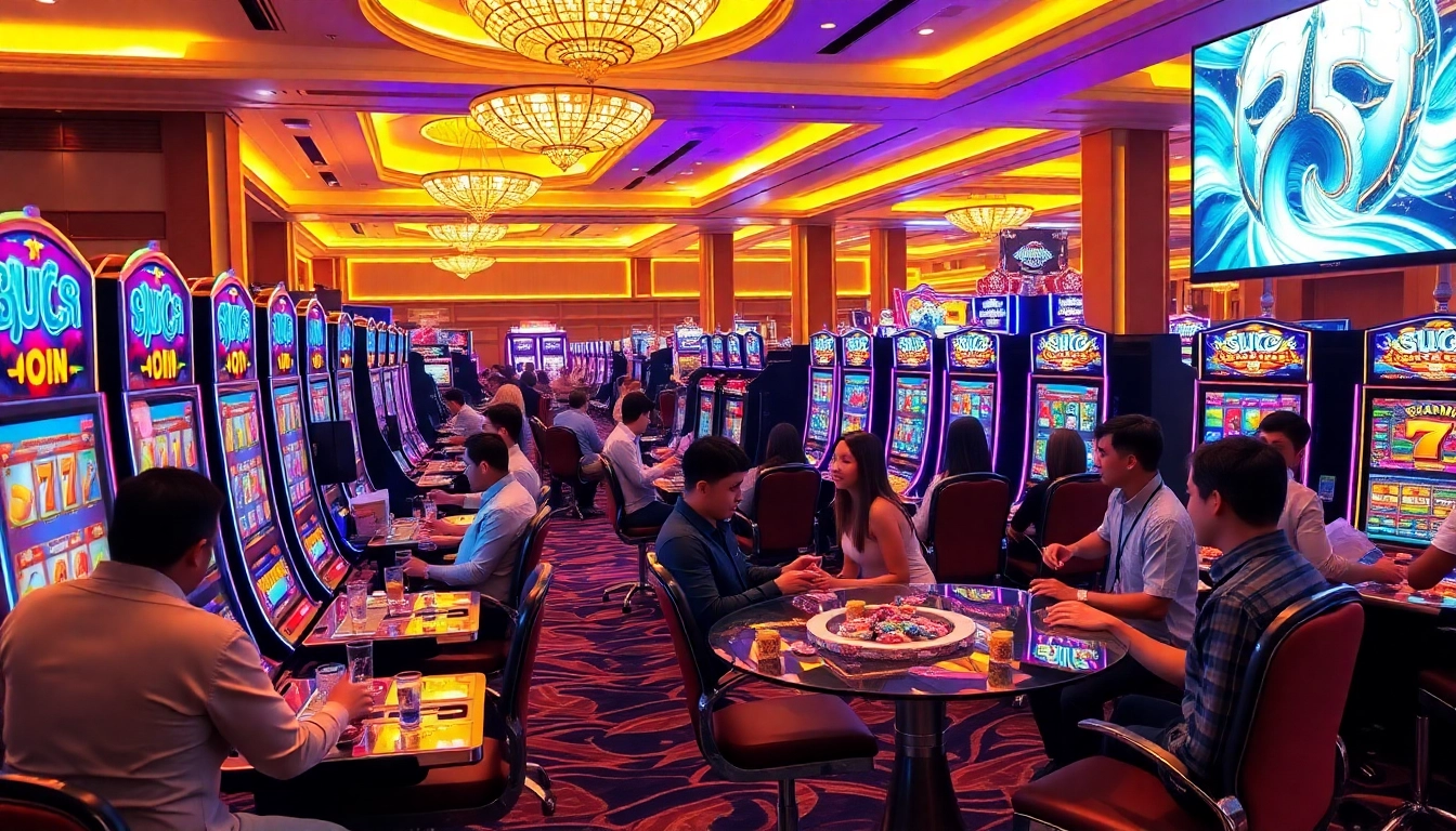 Experience the thrill of qqmacan at a glamorous casino filled with colorful slot machines and excited players.
