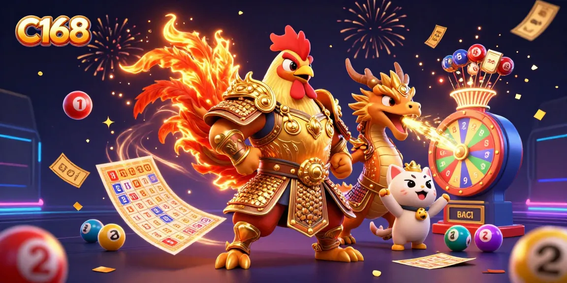 C168, featuring a powerful cartoon rooster warrior and a dragon hatchling amidst colorful lottery elements and celebratory confetti.