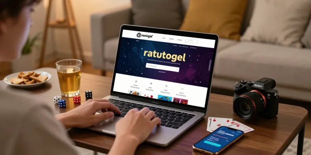 Pengguna melakukan ratutogel login di laptop sambil santai di ruang tamu yang nyaman
