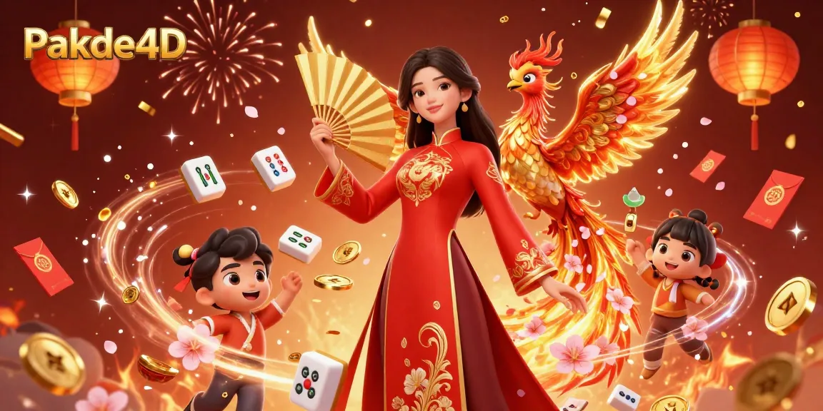 Engage with the vibrant 3D scene celebrating Pakde4D's online gambling atmosphere featuring a graceful woman, phoenix, and festive elements.