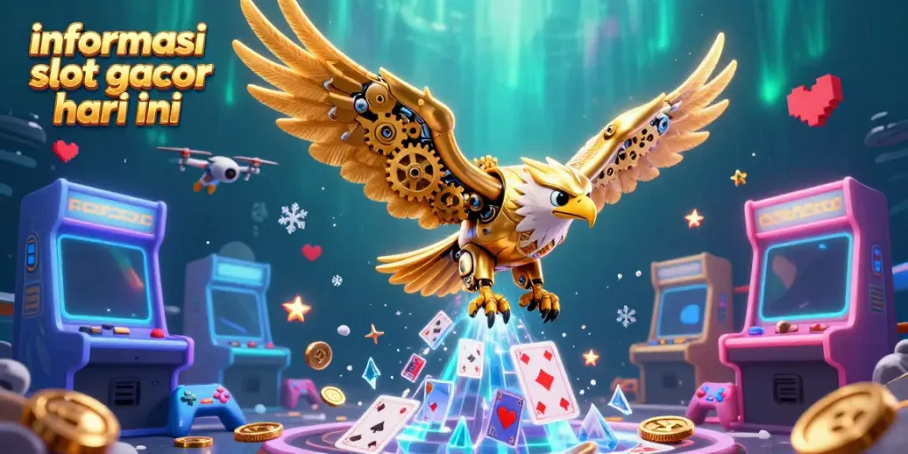 Menggambarkan informasi slot gacor hari ini dengan burung emas cybernetic terbang di antara kartu holografik dan mesin permainan.