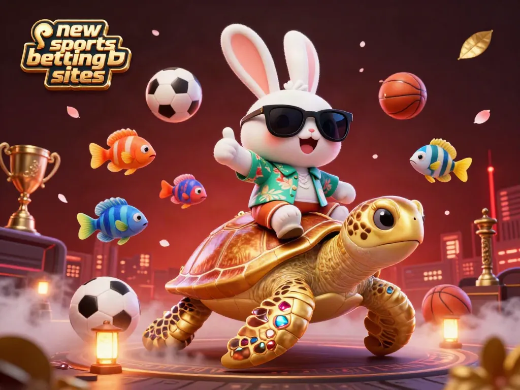 Engage with new sports betting sites using this vibrant 3D illustration featuring a lucky rabbit and a sea turtle amidst sports elements.