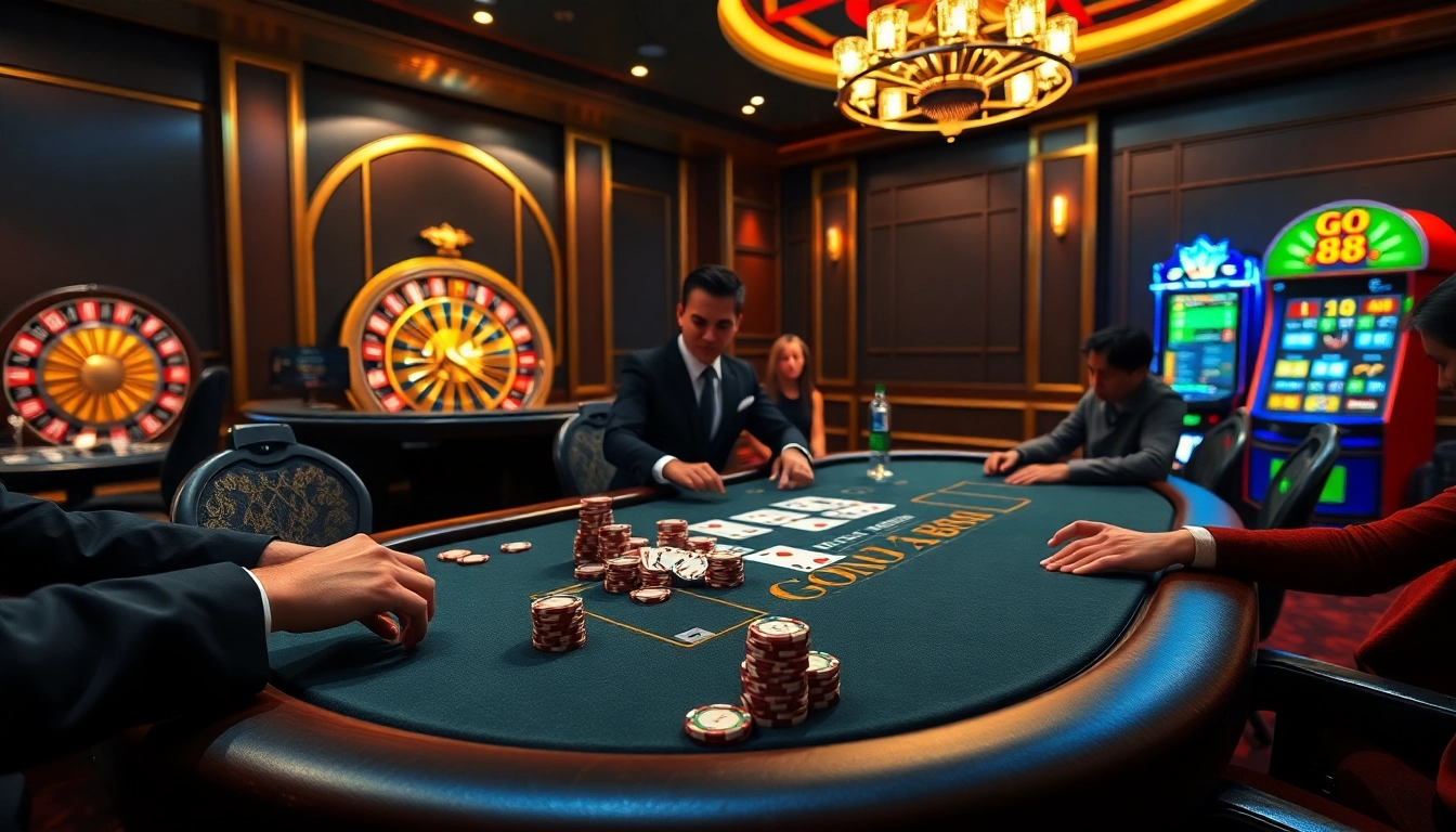 Intense poker action at a casino with go 88 themed chips and luxurious ambiance.