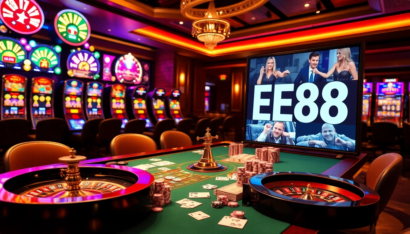 Dynamic gameplay at EE88 casino featuring poker chips and a roulette wheel.