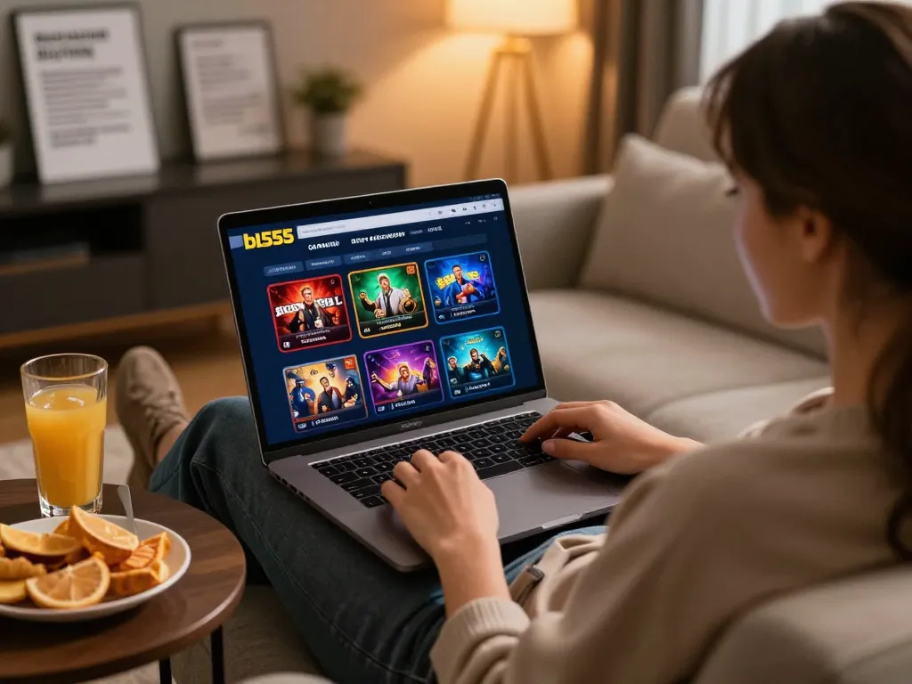Person using bl555 online casino platform on a laptop in a cozy living room setting.