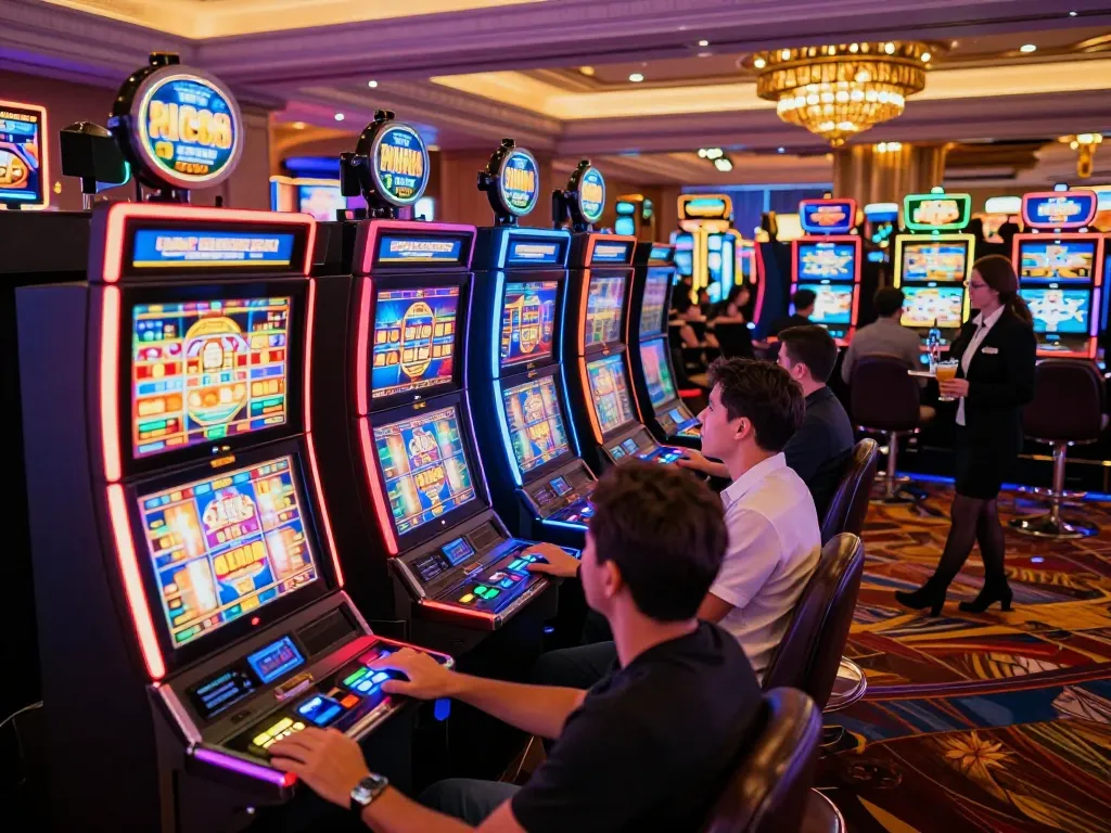 Players enjoying the excitement of slot machines at the casino bl555, with vibrant displays and lively atmosphere.
