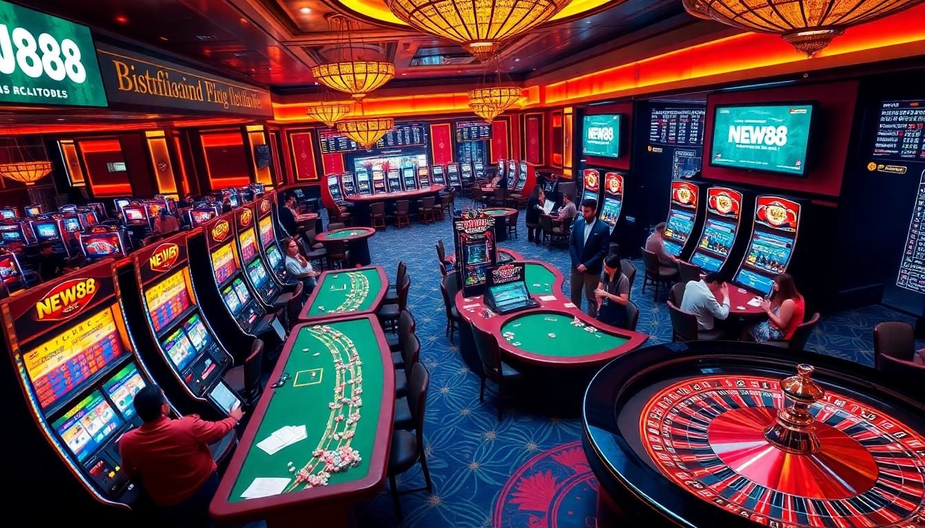 Exciting casino action at New88 with vibrant slot machines and poker tables.
