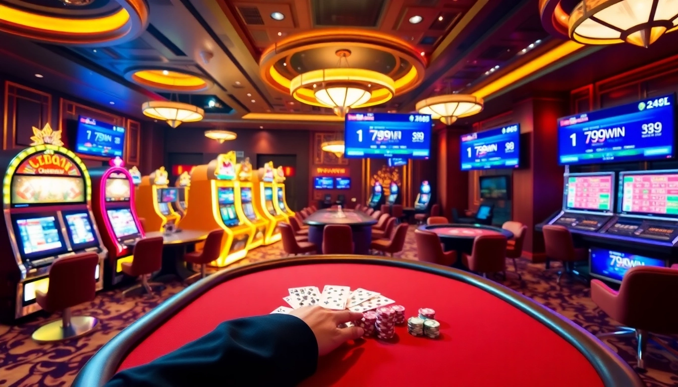 Experience a thrilling game at 789win with vibrant slot machines and poker tables.