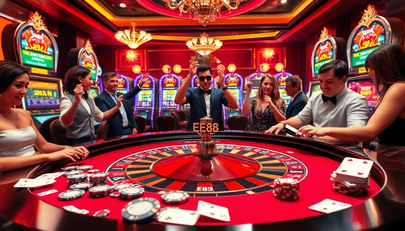 Players engaging in a thrilling roulette game at EE88 Casino, surrounded by vibrant slot machines.