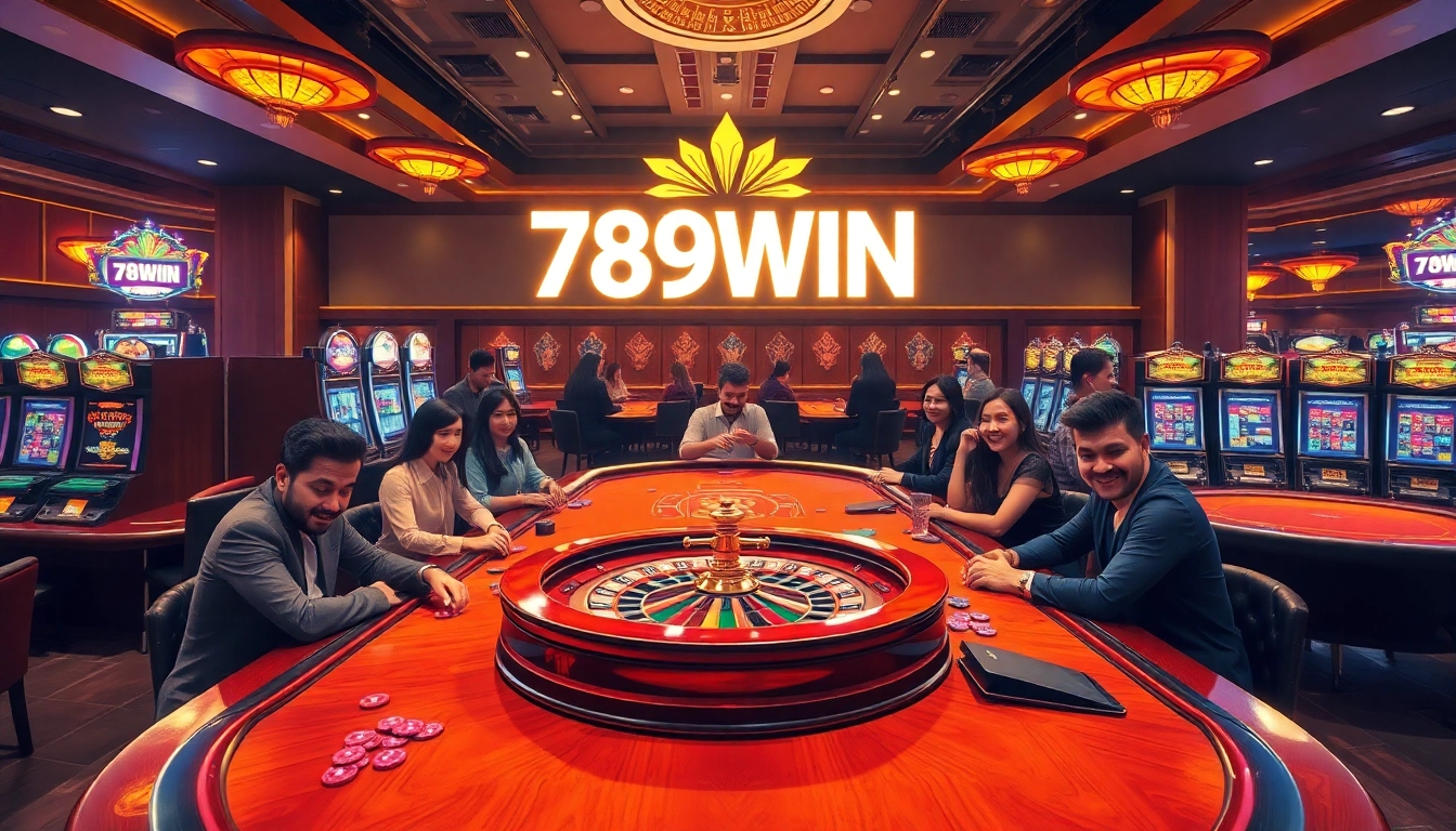 Experience the excitement of 789WIN in a luxurious casino with vibrant slot machines and lively poker games.