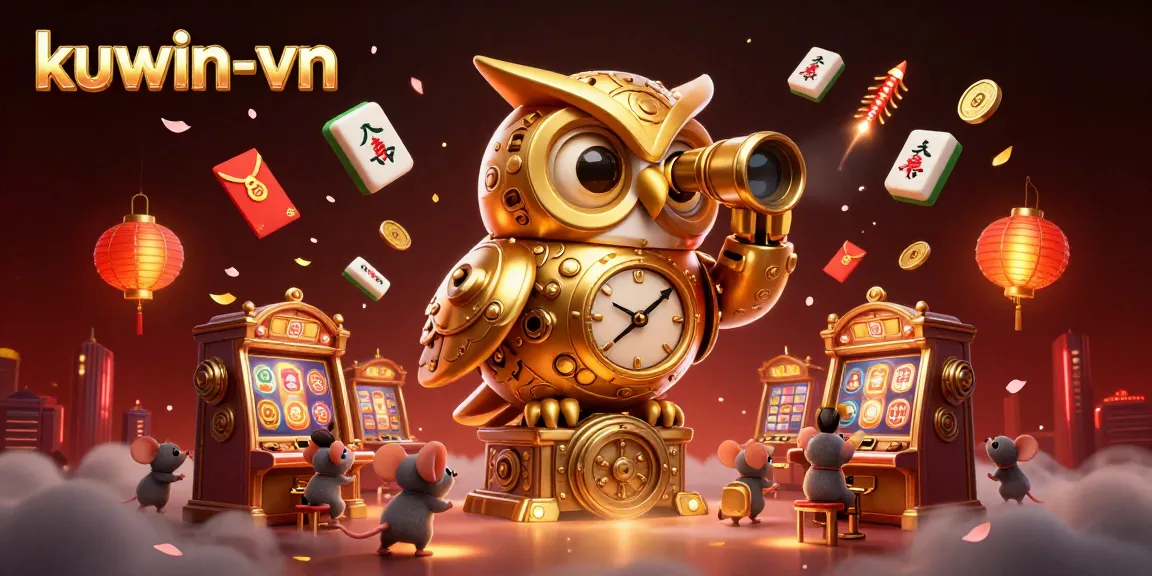 Immerse in the energetic atmosphere of kuwin-vn's casino with a vibrant owl character scanning over slot machines filled with treasures.