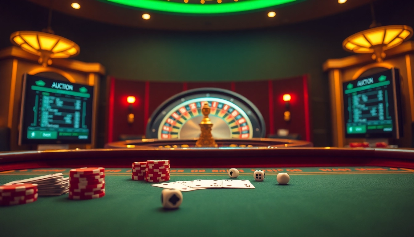 Exciting casino ambiance featuring RR88 Auction with poker chips, cards, and roulette wheel.