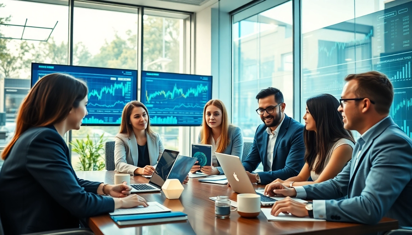 Professional financial team collaborating in a modern office, showcasing 33WIN insights and digital interfaces.
