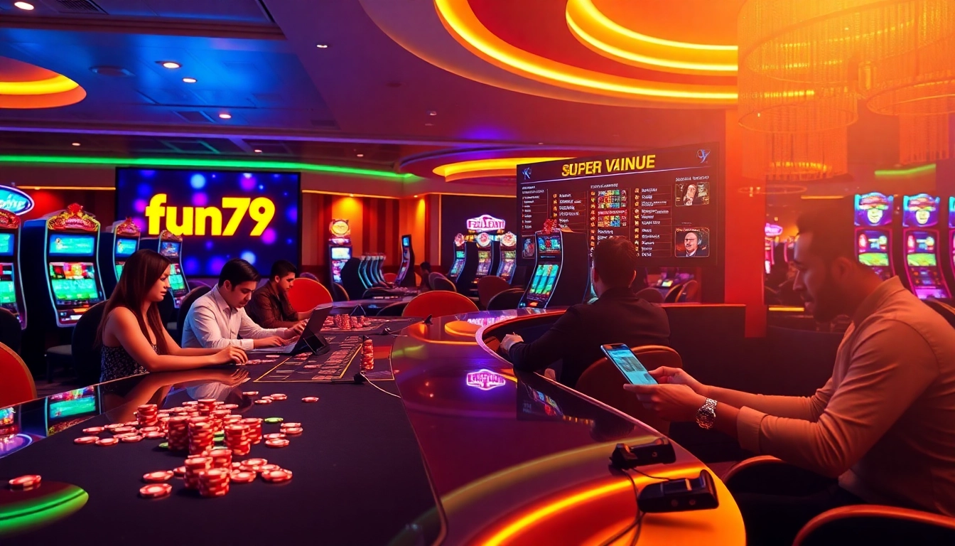 Gamblers engaging with fun79's exciting online casino interface among vibrant slots and cards.